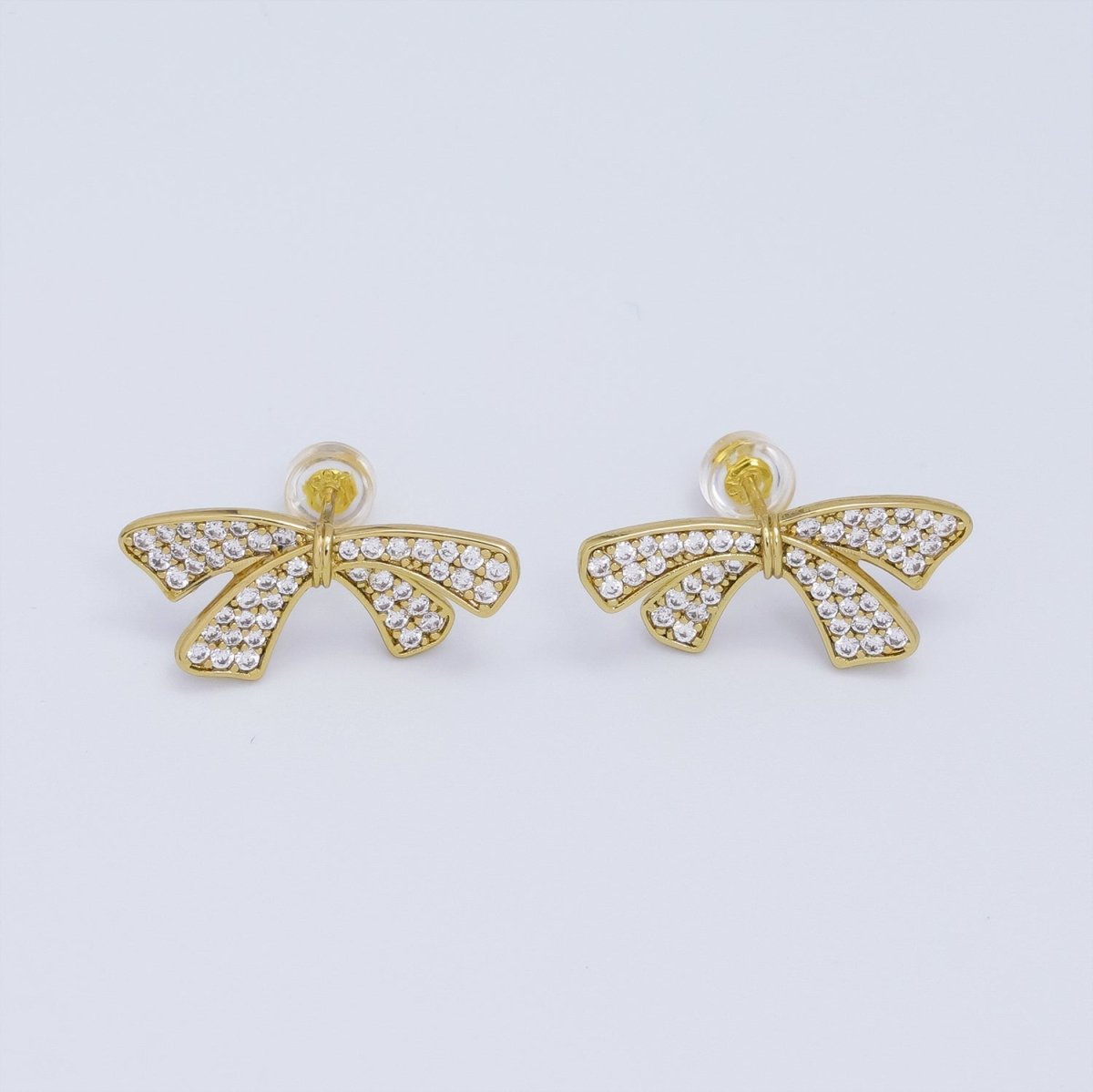 24K Gold Filled Micro Paved Ribbon Bow Stud Earrings | T063 - DLUXCA