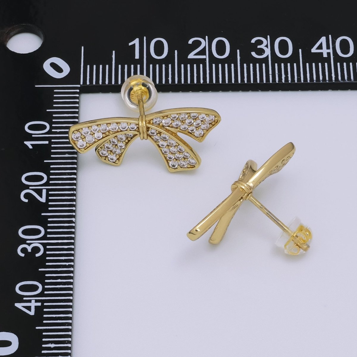 24K Gold Filled Micro Paved Ribbon Bow Stud Earrings | T063 - DLUXCA