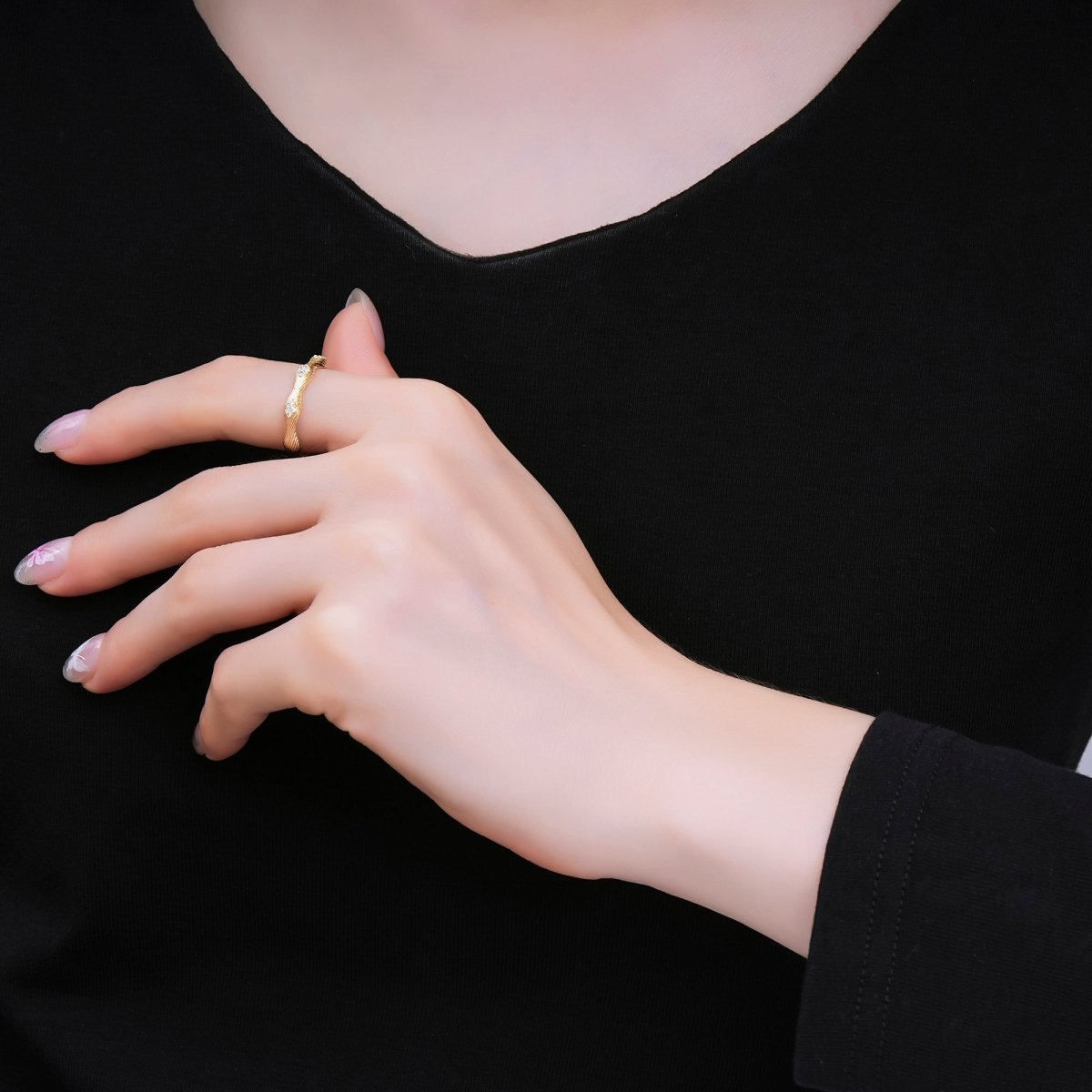 24K Gold Filled Micro Paved Twisted Line - Textured Ribbed Ring | O158 - DLUXCA