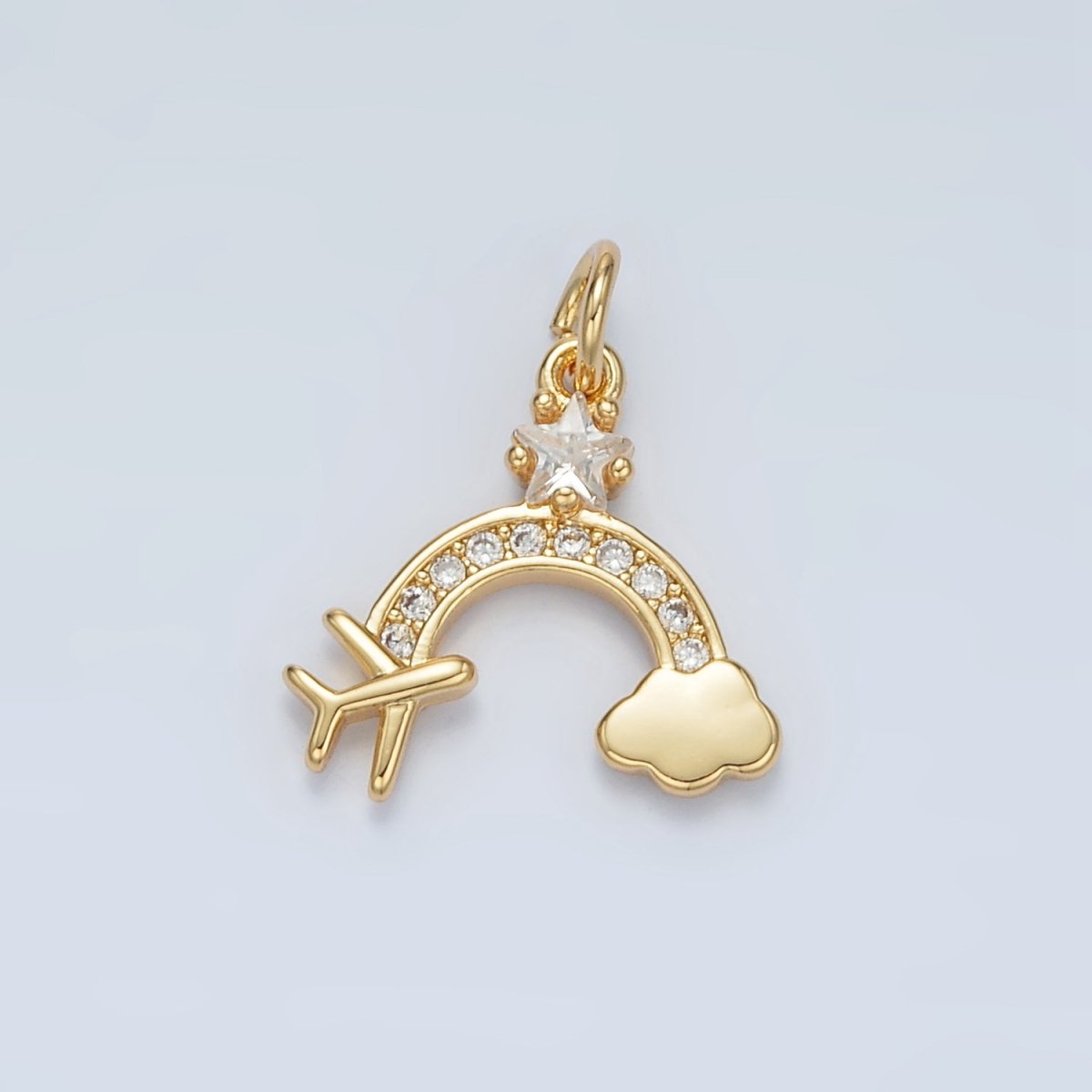 24K Gold Filled Mini Airplane Rainbow Cloud Star CZ Micro Paved Charm | AG854 - DLUXCA