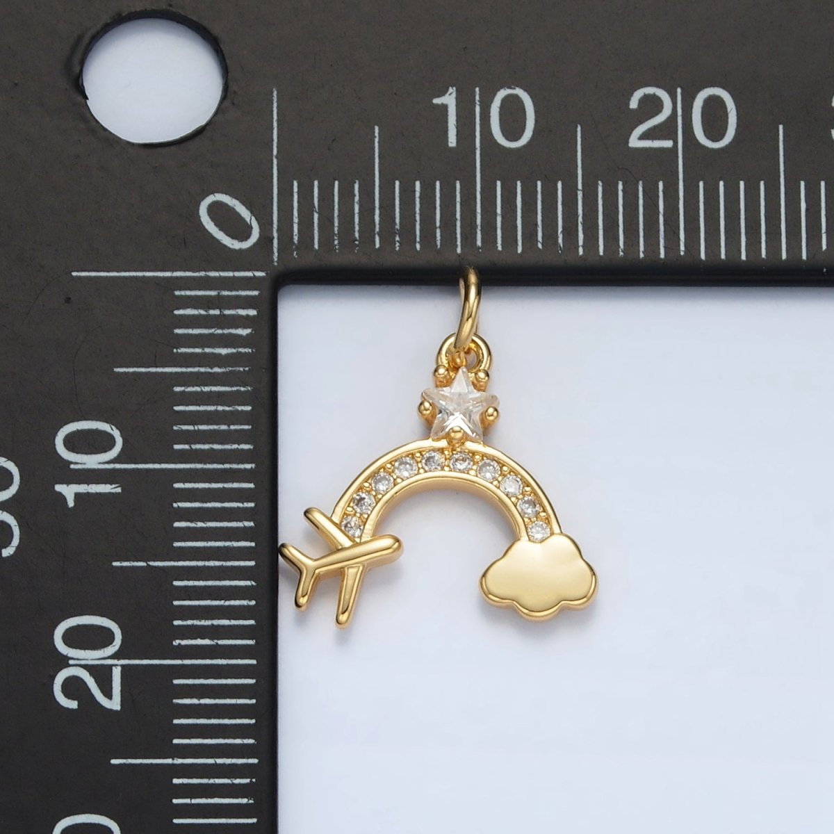 24K Gold Filled Mini Airplane Rainbow Cloud Star CZ Micro Paved Charm | AG854 - DLUXCA