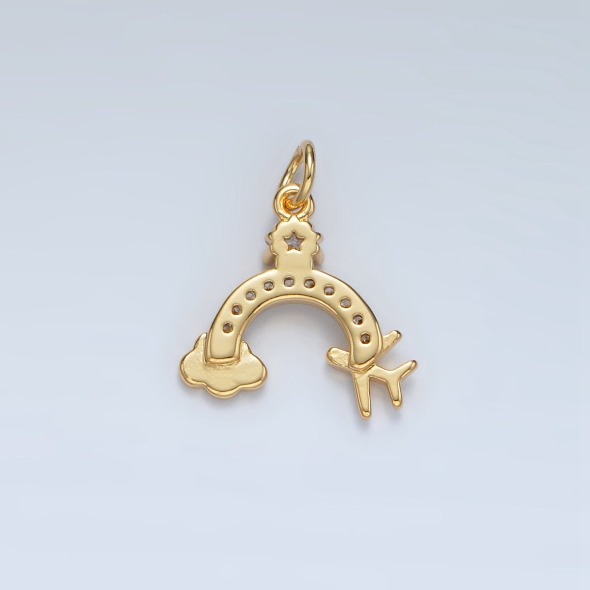 24K Gold Filled Mini Airplane Rainbow Cloud Star CZ Micro Paved Charm | AG854 - DLUXCA