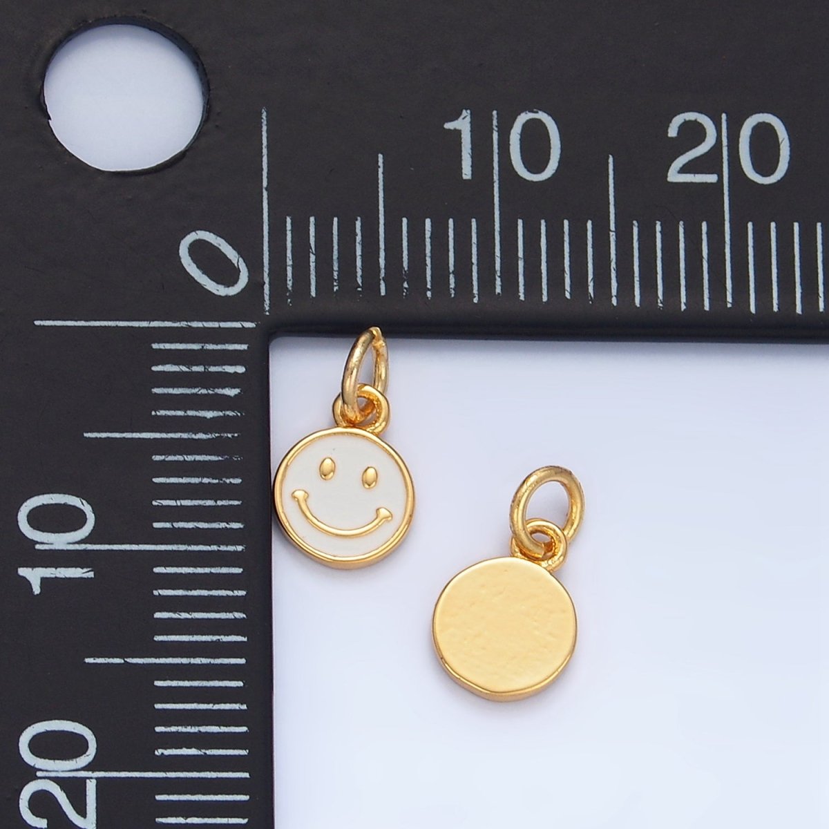 24K Gold Filled Mini Smiley Face White Enamel Round Bezel Charm | X828 - DLUXCA