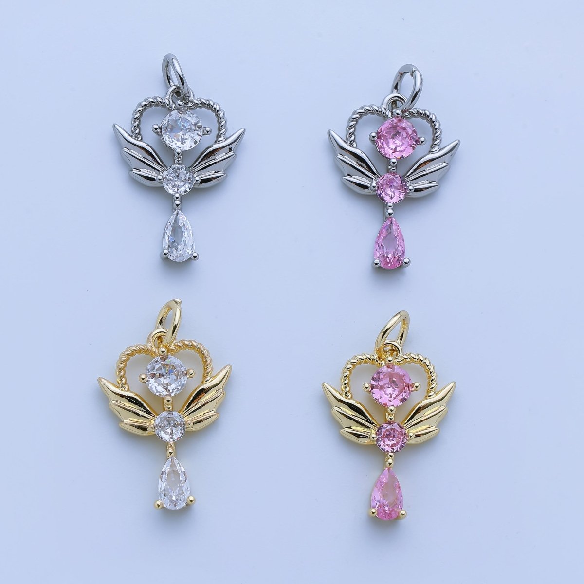 24K Gold Filled Minimalist Angel Wing Wand Pendant with CZ Stones in Gold & Silver | AJ375 AJ376 - DLUXCA
