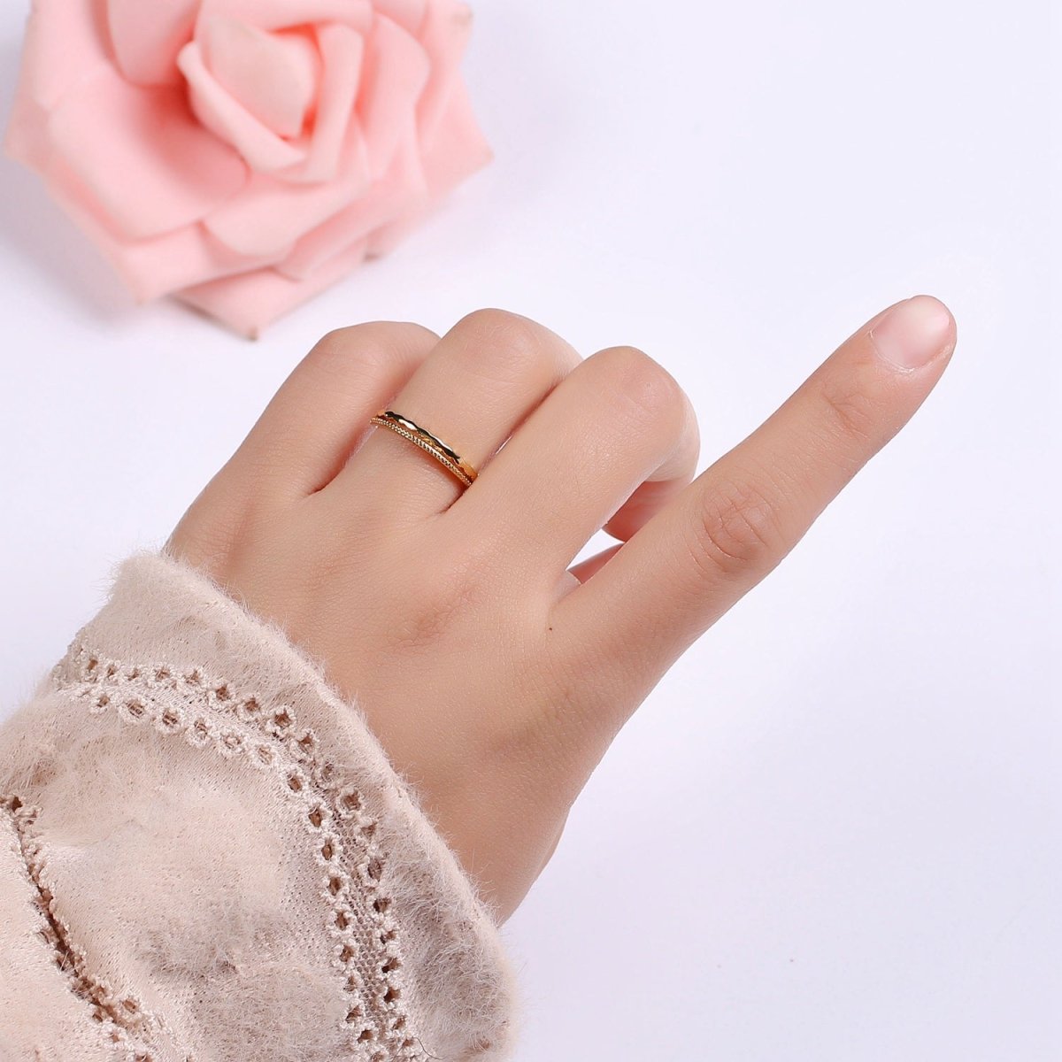 24K Gold Filled Minimalist Dotted Wavy Wave Band Ring | S133 - DLUXCA