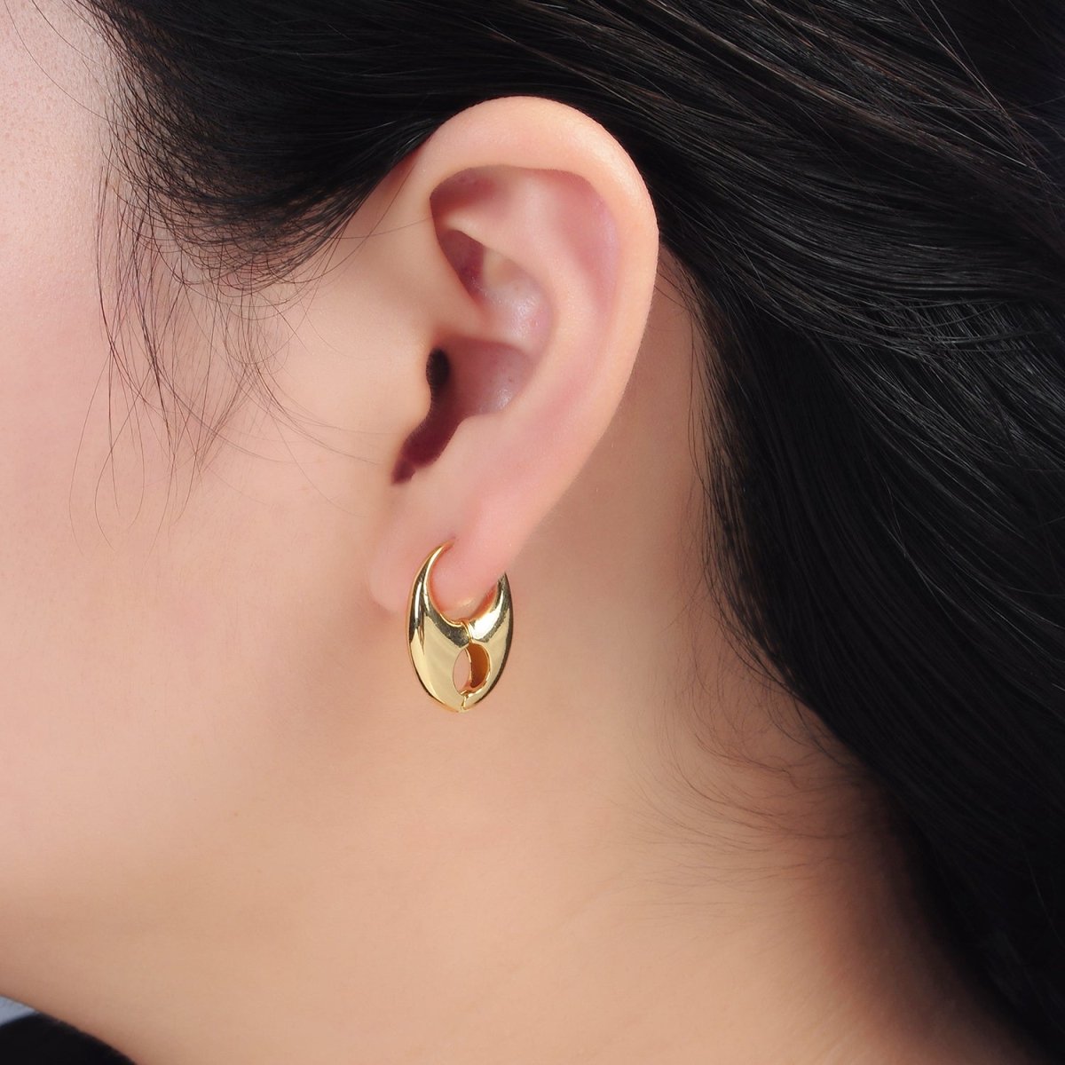 24K Gold Filled Minimalist Geometric Open Dome Tab Huggie Earrings | Q487 - DLUXCA