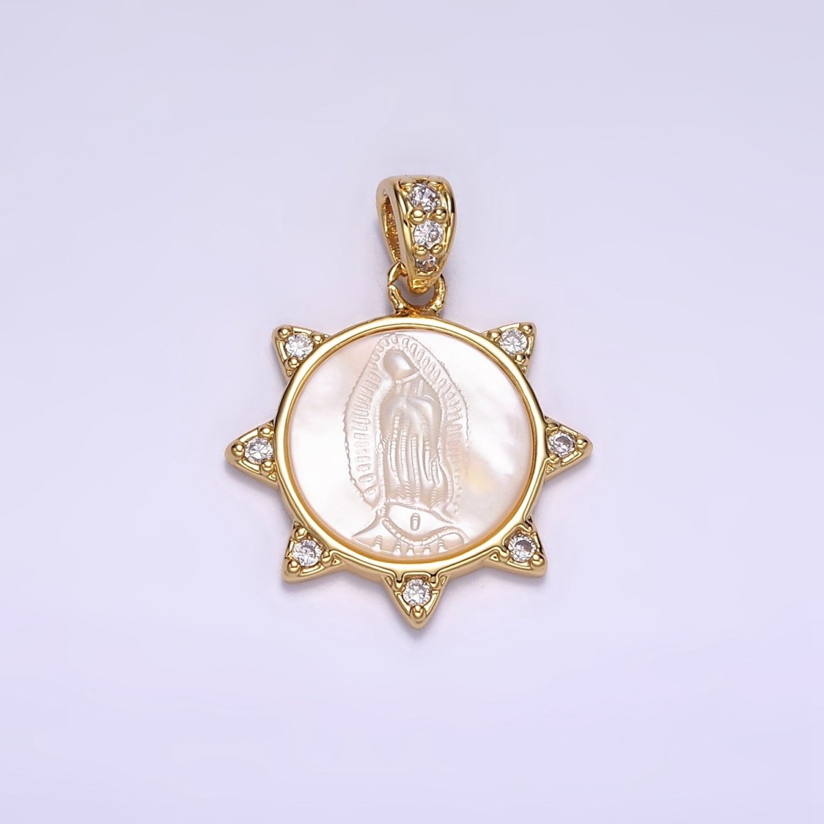24K Gold Filled Miraculous Mary Celestial Sun CZ Shell Pearl Pendant | AA057 - DLUXCA