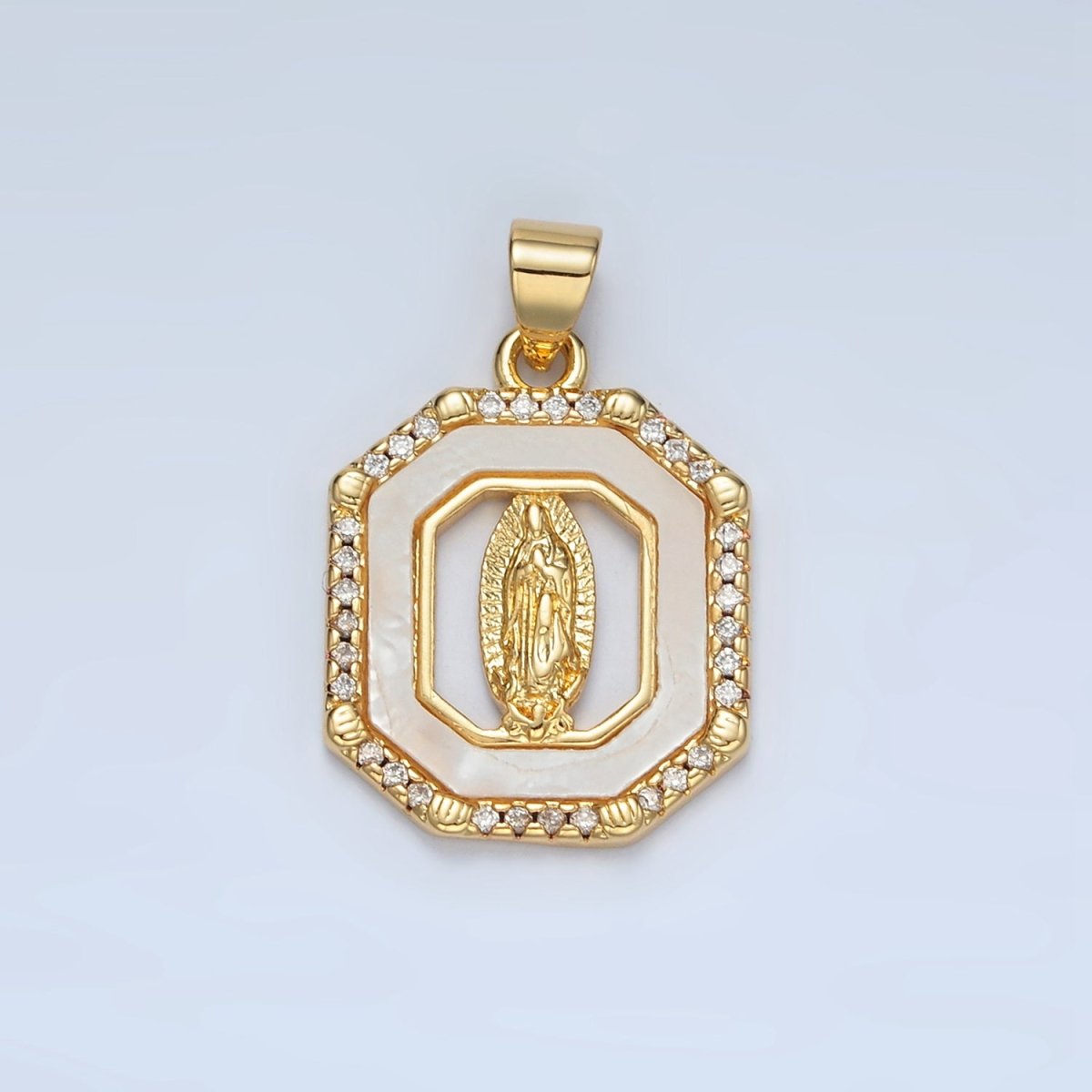 24K Gold Filled Miraculous Mary Religious Figure Shell Pearl Micro Paved CZ Hexagon Pendant | I154 - DLUXCA