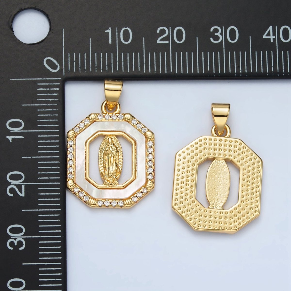 24K Gold Filled Miraculous Mary Religious Figure Shell Pearl Micro Paved CZ Hexagon Pendant | I154 - DLUXCA