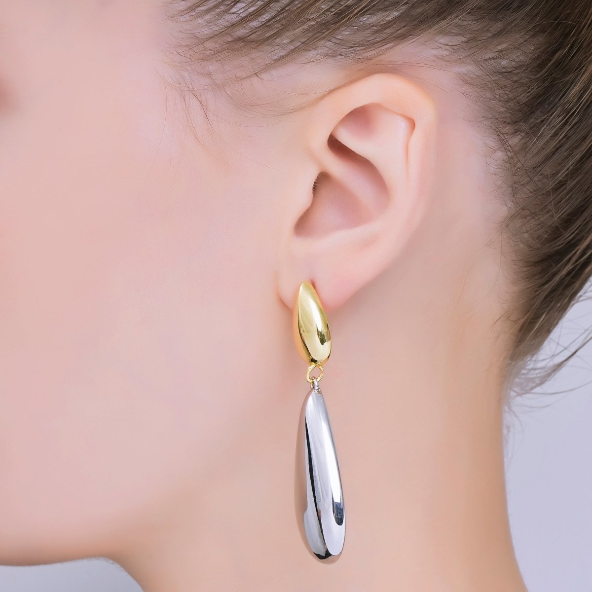 24K Gold Filled Mixed Metal Double Teardrop Drop Stud Earrings | AJ122 - DLUXCA