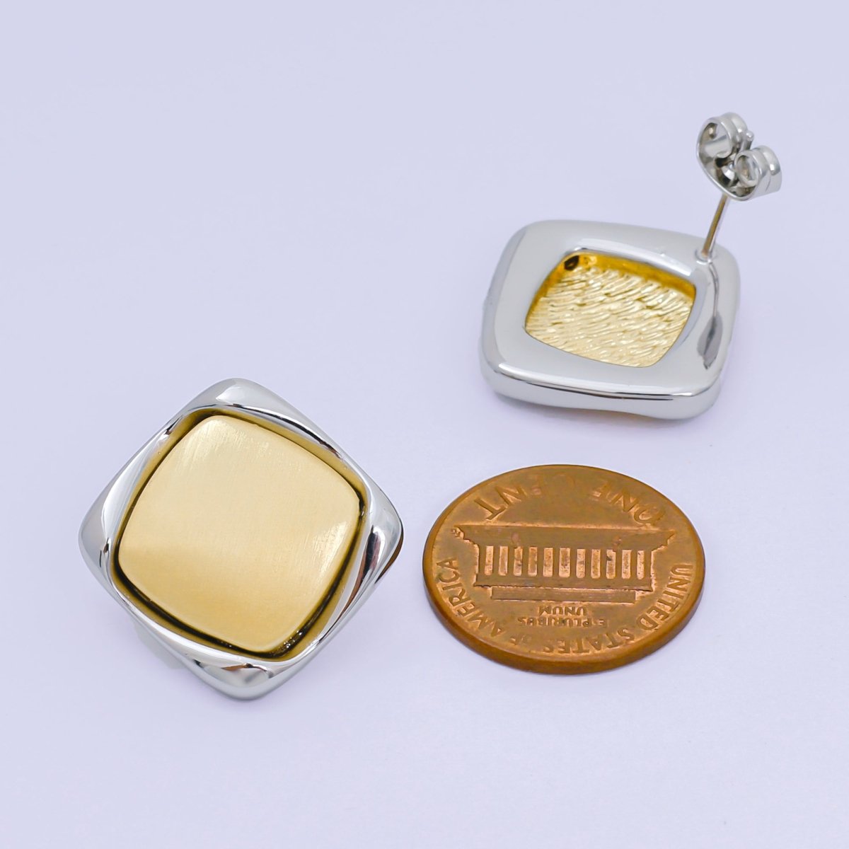 24K Gold Filled Mixed Metal Dual - Toned Rhombus Drop Stud Earrings | AB1597 - DLUXCA