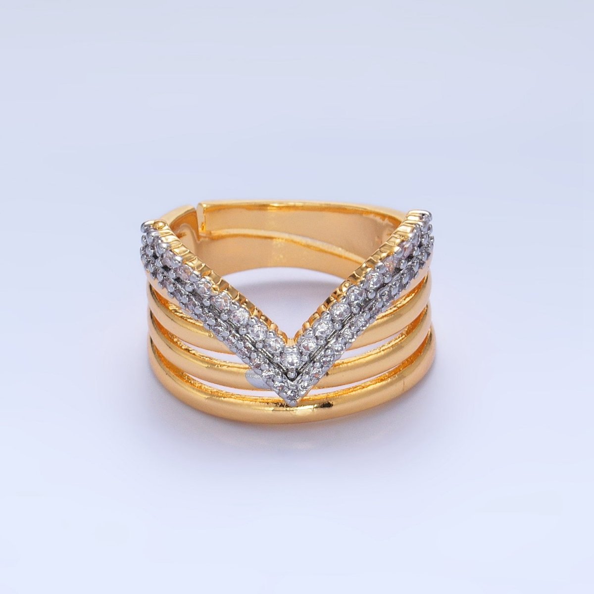 24K Gold Filled Mixed Metal Micro Paved CZ Chevron Multiple Band Ring | U388 - DLUXCA