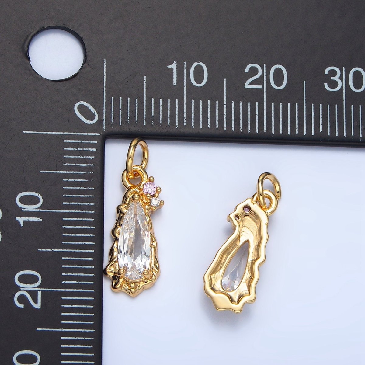 24K Gold Filled Molten Clear, Pink CZ Cluster Teardrop Charm | X932 - DLUXCA