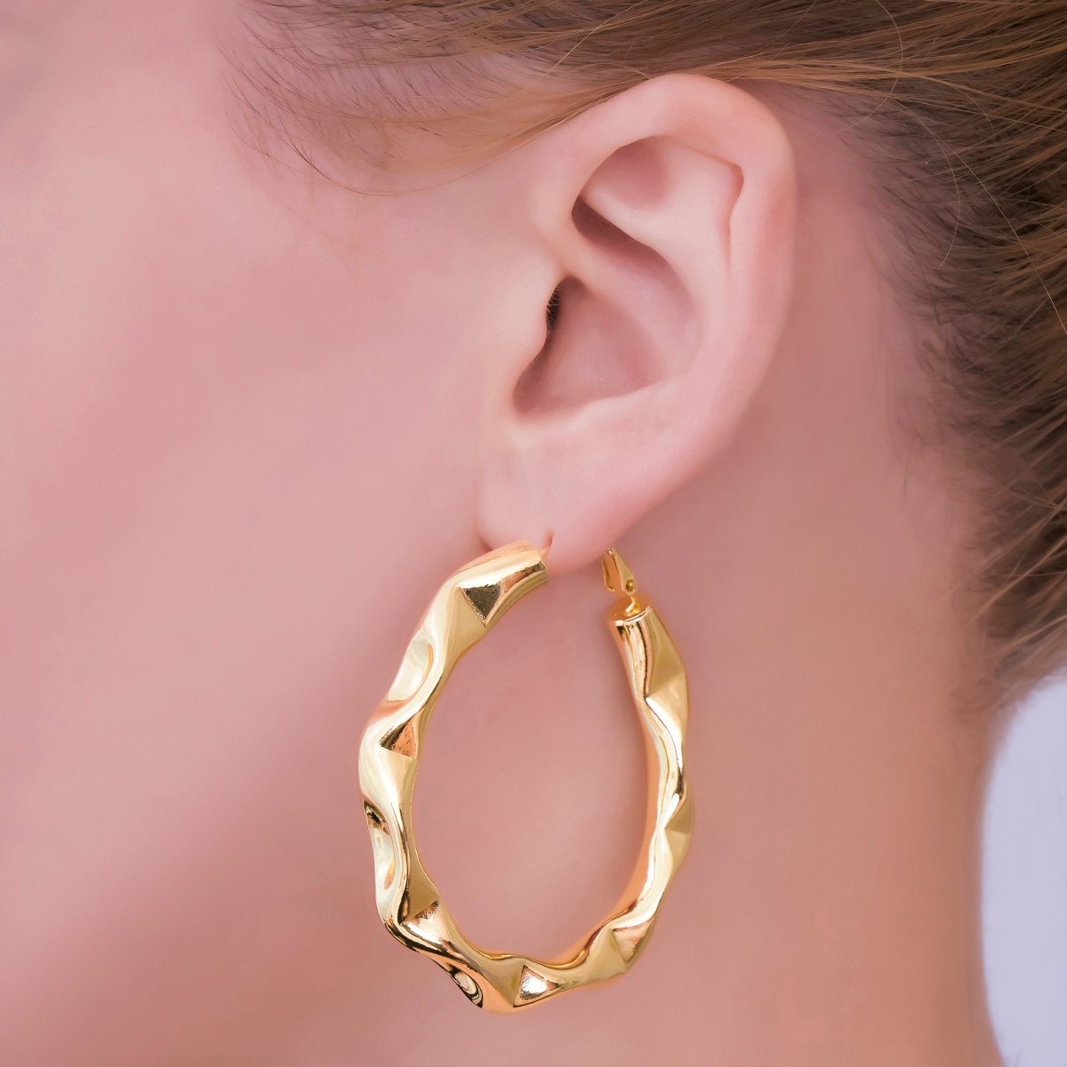 24K Gold Filled Molten Twist Round French Lock Hoops Earrings | AJ - 084 - DLUXCA