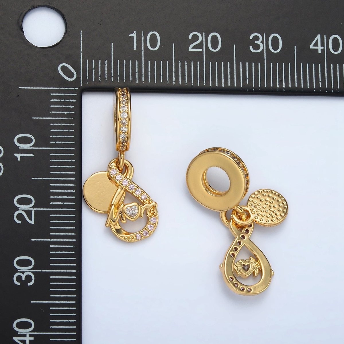 24K Gold Filled "MOM" Infinity Micro Paced CZ Rhondelle Bail Double Drop Pendant | AC093 - DLUXCA