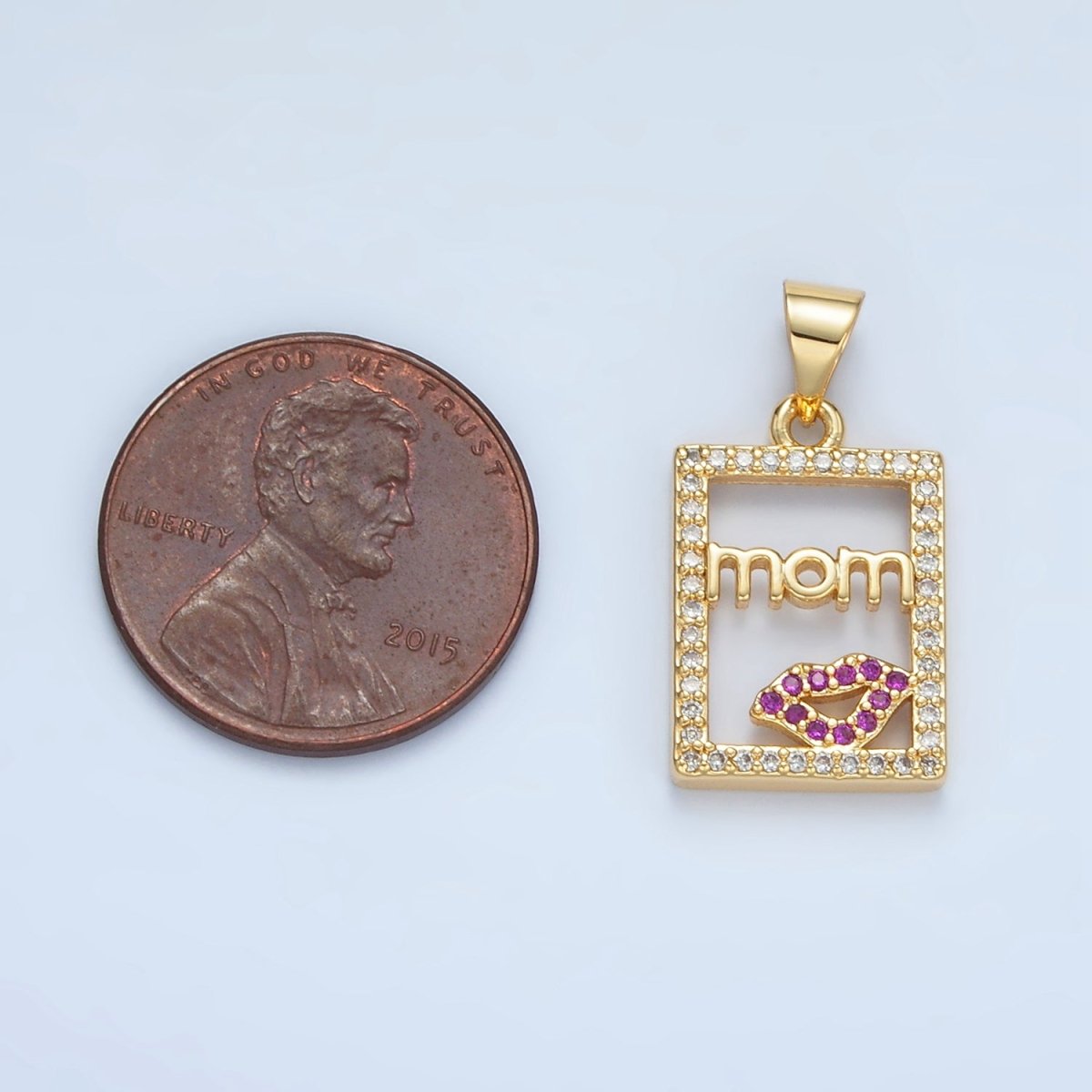 24K Gold Filled "MOM" Script Lips Open Rectangular Micro Paved Pendant | I680 - DLUXCA