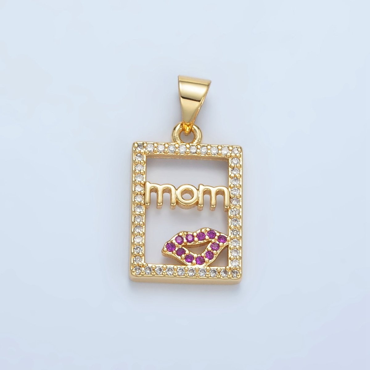 24K Gold Filled "MOM" Script Lips Open Rectangular Micro Paved Pendant | I680 - DLUXCA