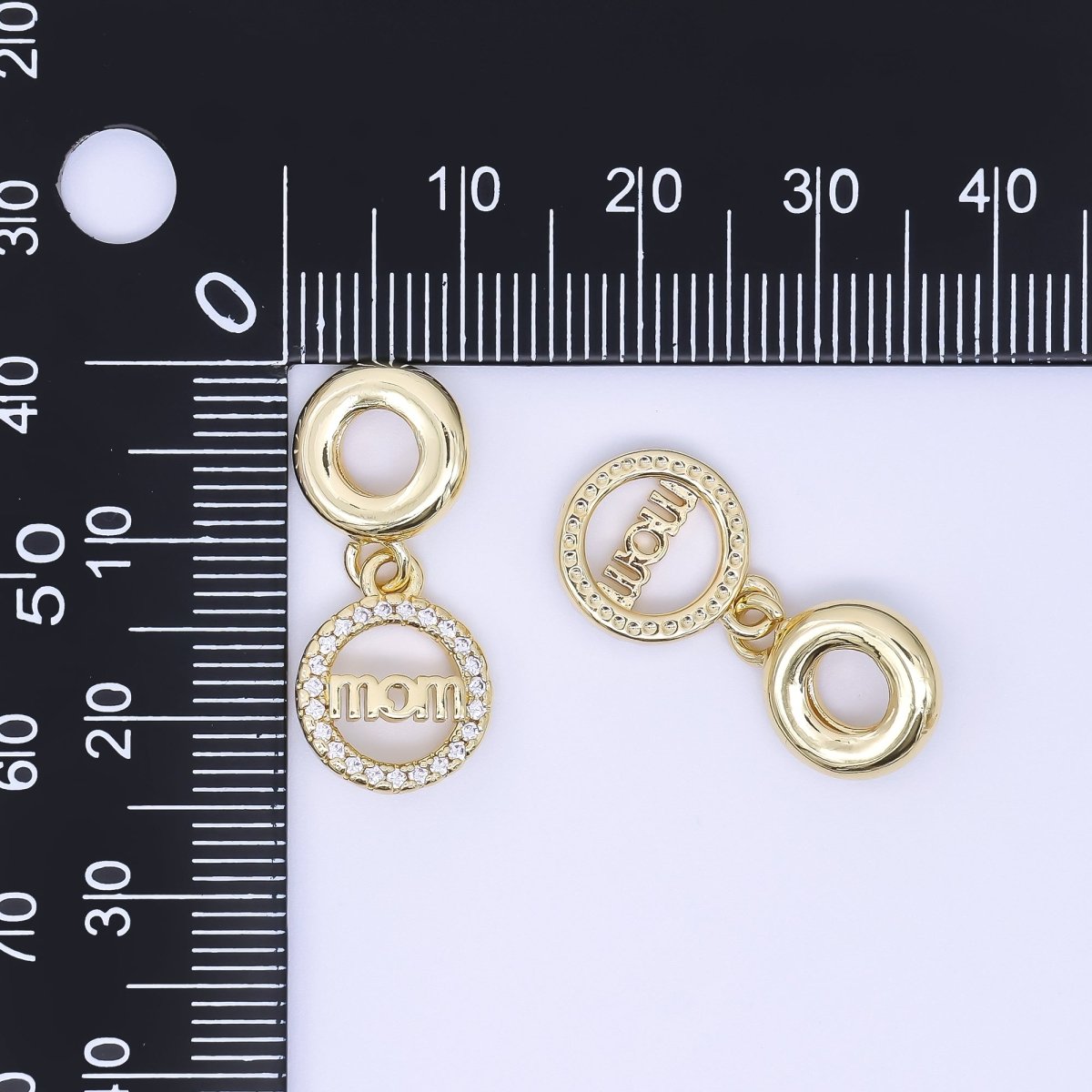 24K Gold Filled "MOM" Script Micro Paved CZ Round Drop Rondelle Charm | AC1631 - DLUXCA