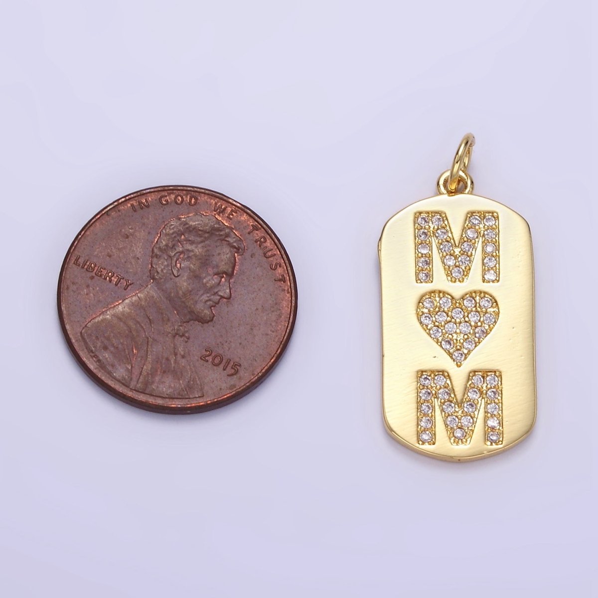 24K Gold Filled "MOM" Script Micro Paved CZ Tag Charm | E349 - DLUXCA