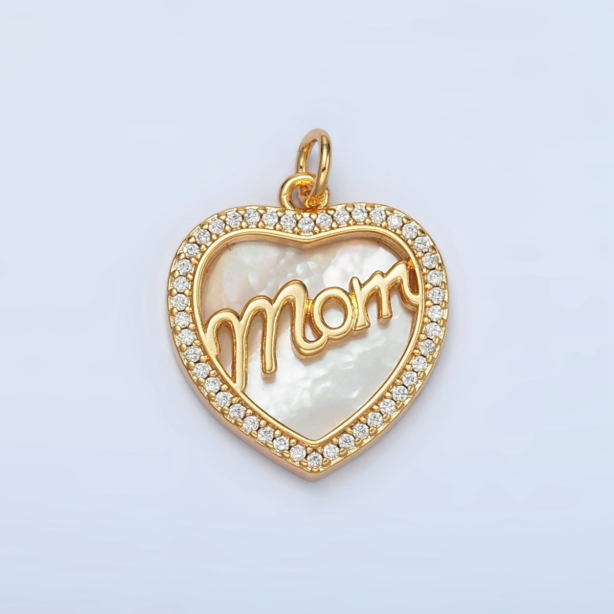 24K Gold Filled "MOM" Script Shell Pearl Micro Paved CZ Heart Charm | AG858 - DLUXCA