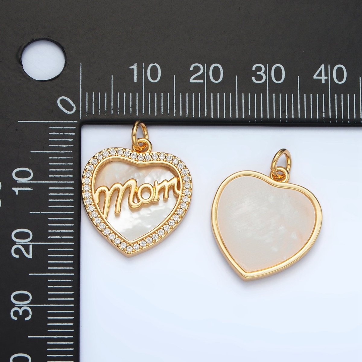 24K Gold Filled "MOM" Script Shell Pearl Micro Paved CZ Heart Charm | AG858 - DLUXCA