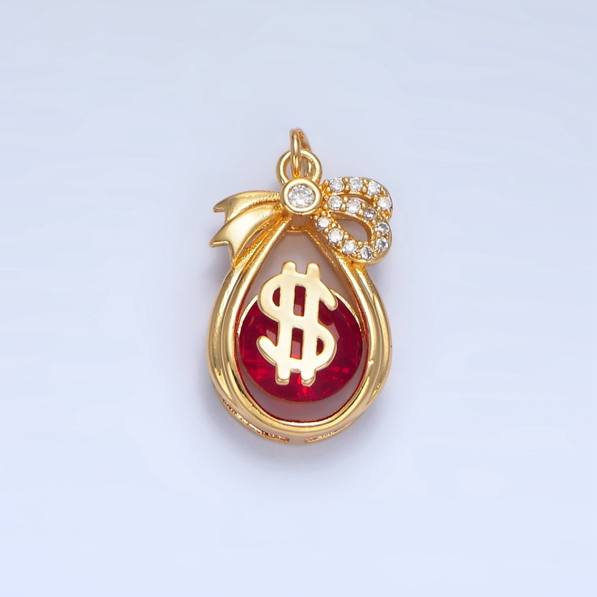 24K Gold Filled Money Bag Dollar Red CZ Micro Paved Open Teardrop Charm | W083 - DLUXCA