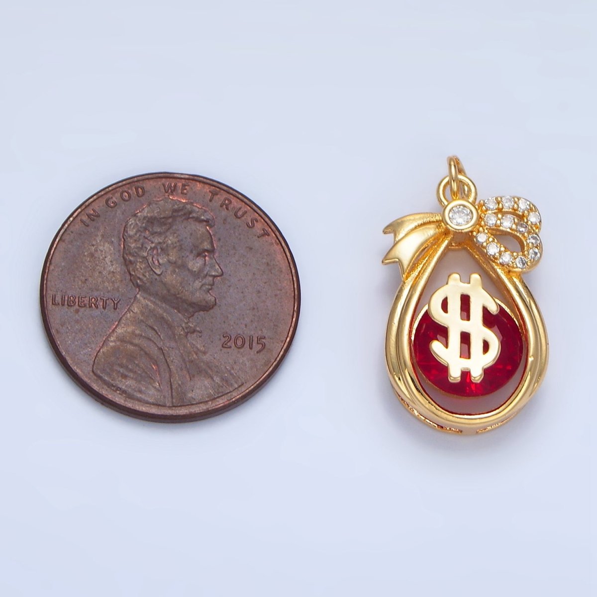 24K Gold Filled Money Bag Dollar Red CZ Micro Paved Open Teardrop Charm | W083 - DLUXCA