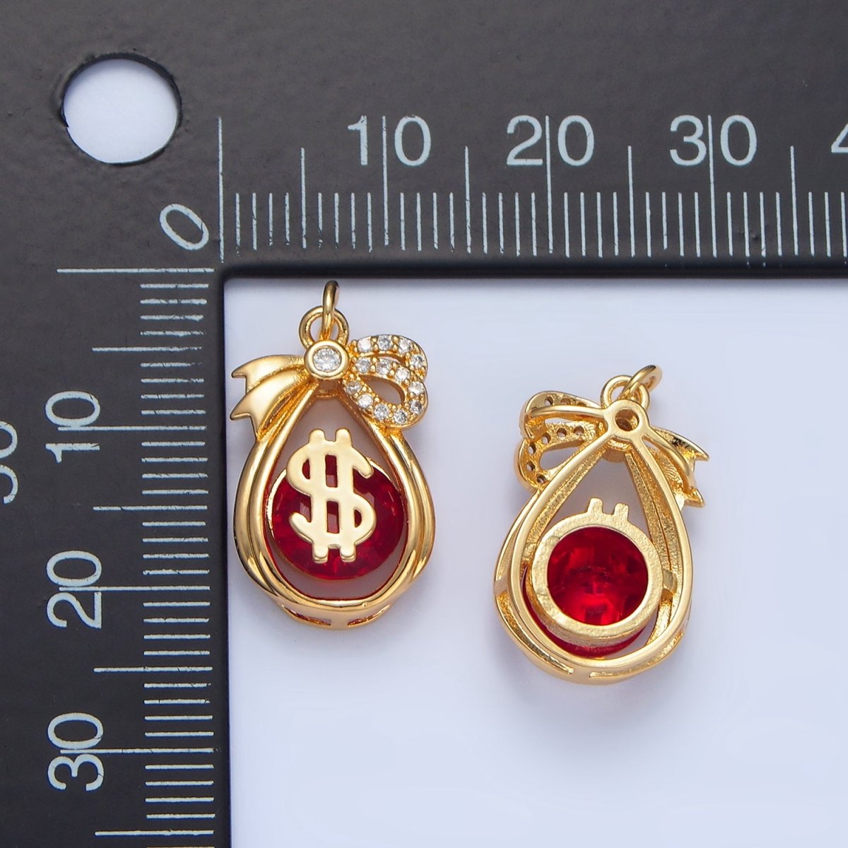 24K Gold Filled Money Bag Dollar Red CZ Micro Paved Open Teardrop Charm | W083 - DLUXCA