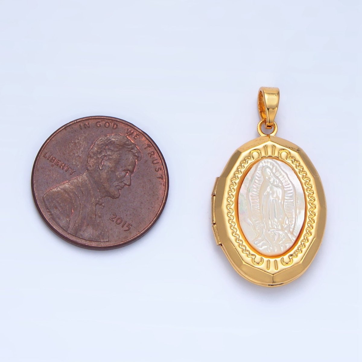 24K Gold Filled Mother Mary Pearl Engraved Locket Pendant | AA795 - DLUXCA