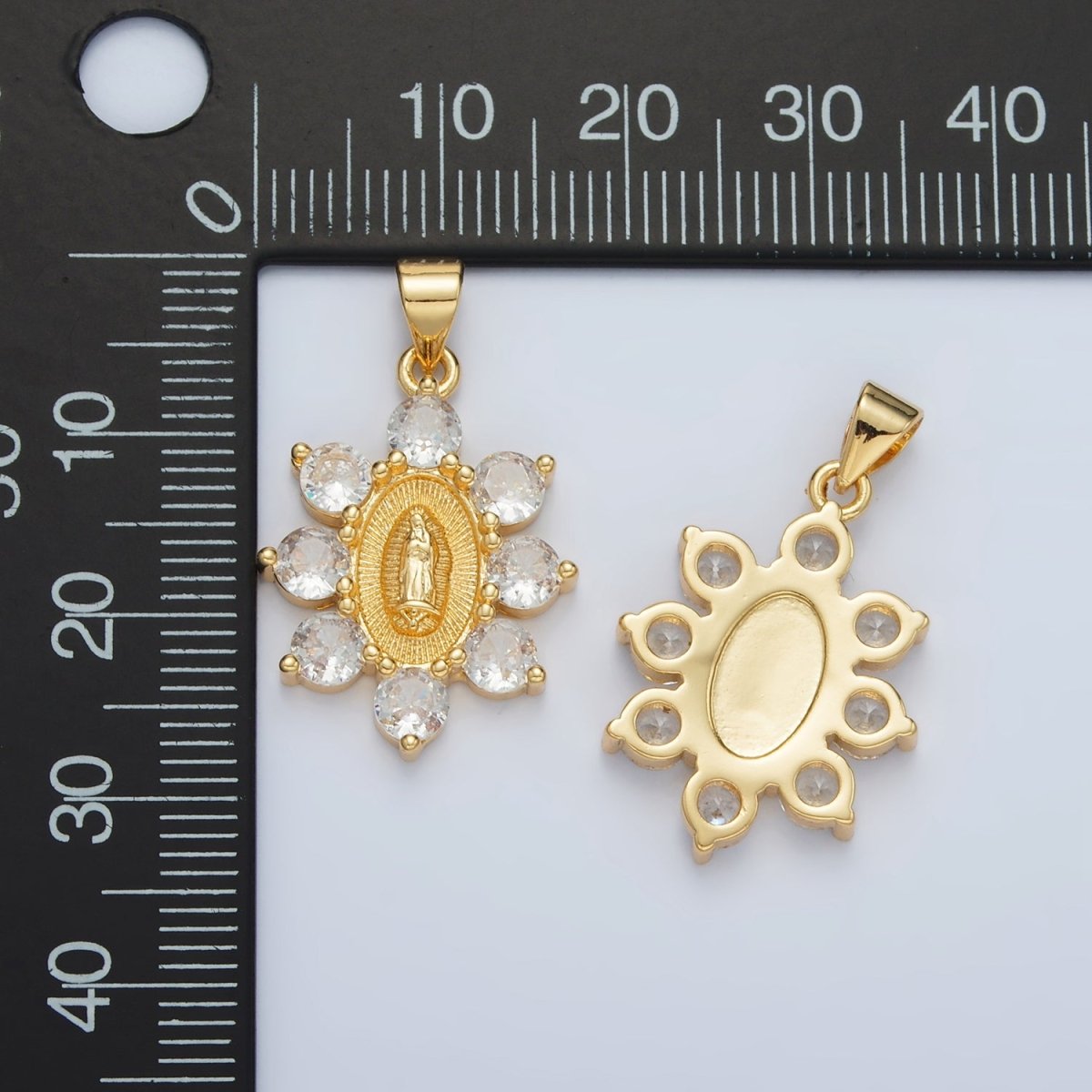 24K Gold Filled Mother Mary Religious Figure CZ Dotted Flower Outline Pendant | AA1419 - DLUXCA