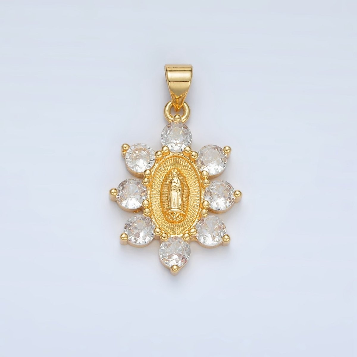 24K Gold Filled Mother Mary Religious Figure CZ Dotted Flower Outline Pendant | AA1419 - DLUXCA