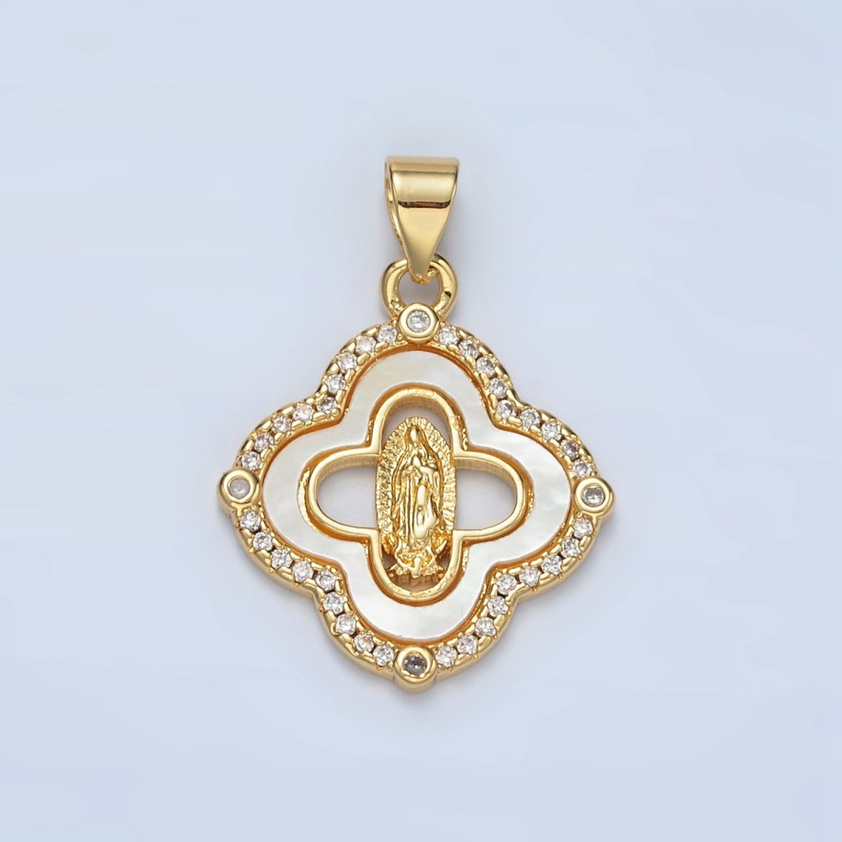 24K Gold Filled Mother Mary Religious Figure Shell Pearl Micro Paved CZ Quatrefoil Pendant | I058 - DLUXCA