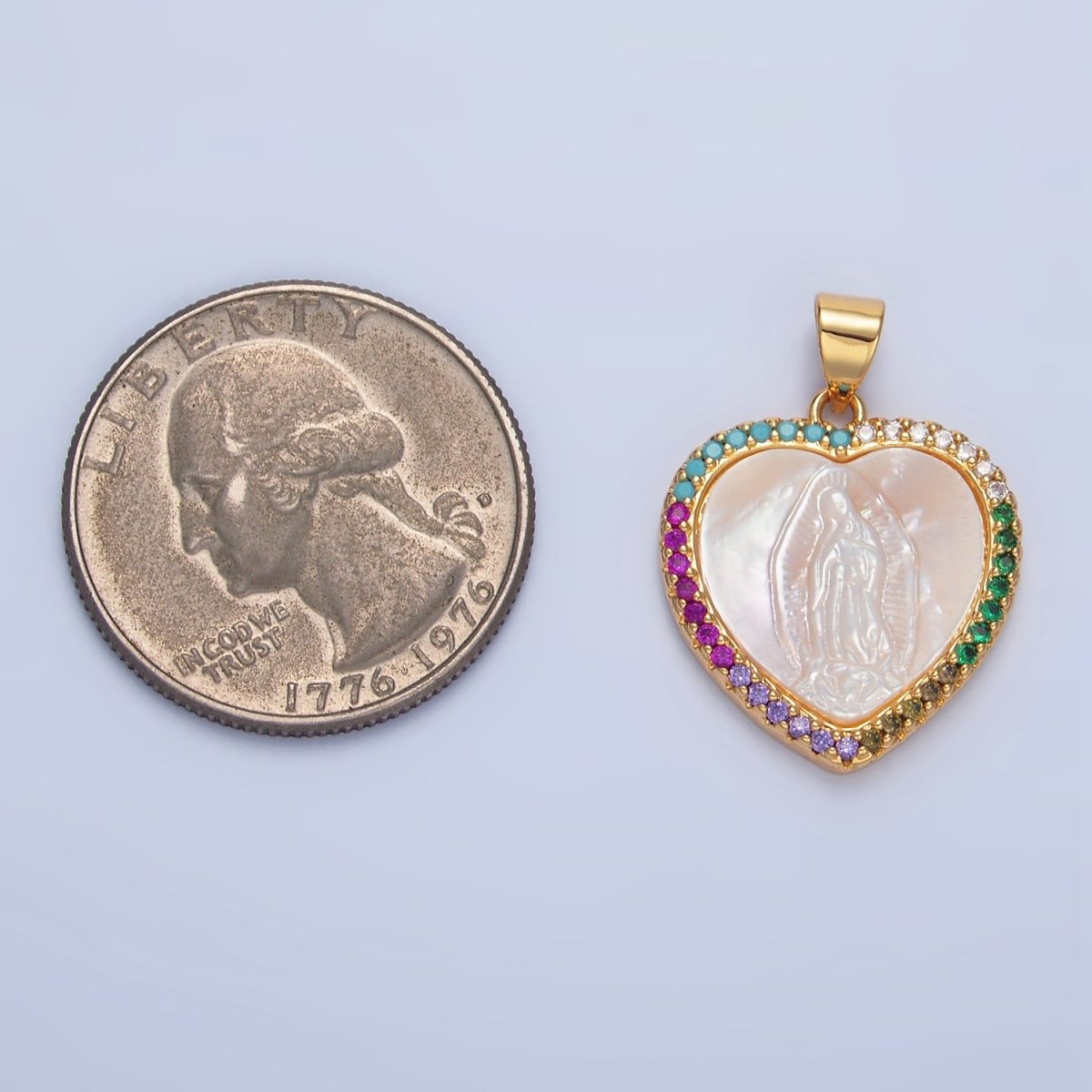 24K Gold Filled Mother Mary Shell Pearl Micro Paved CZ Heart Bezel Pendant | AA784 - DLUXCA