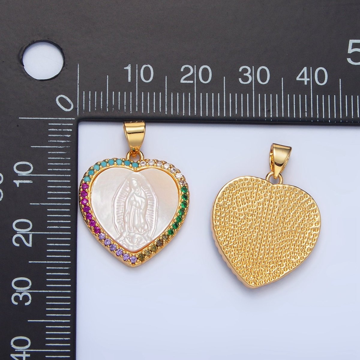 24K Gold Filled Mother Mary Shell Pearl Micro Paved CZ Heart Bezel Pendant | AA784 - DLUXCA