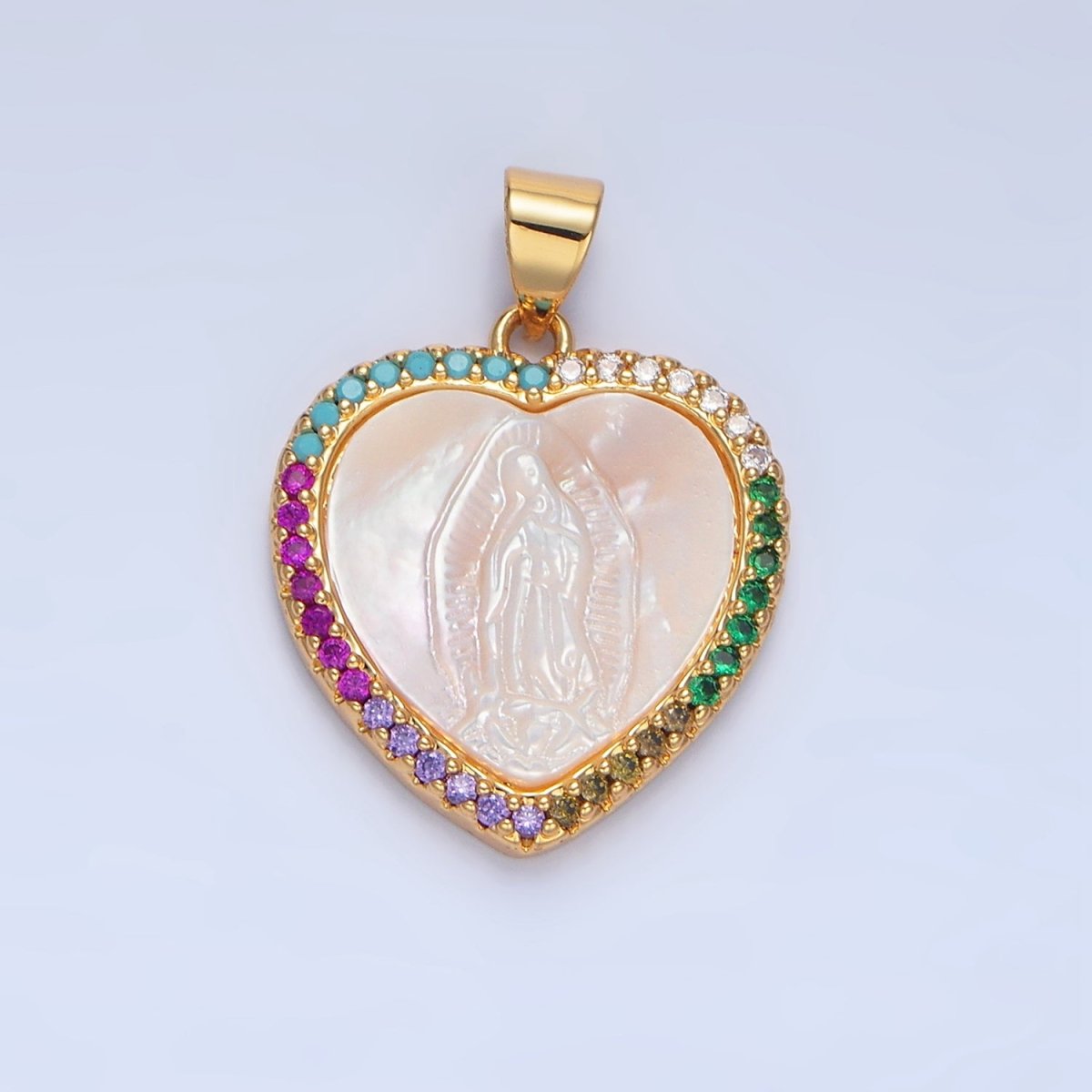 24K Gold Filled Mother Mary Shell Pearl Micro Paved CZ Heart Bezel Pendant | AA784 - DLUXCA