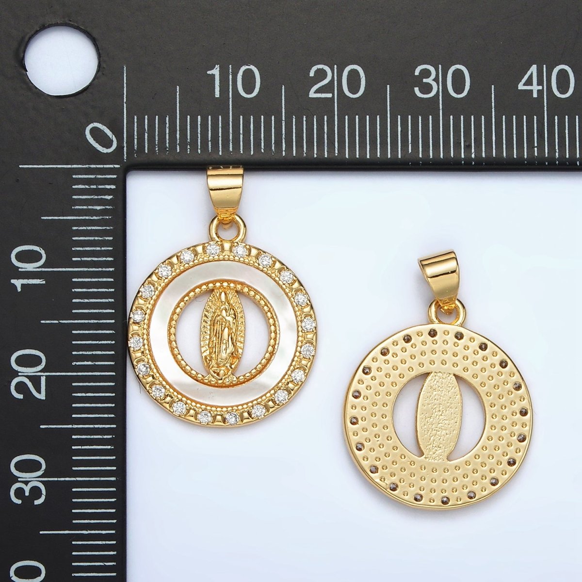 24K Gold Filled Mother Mary Shell Pearl Micro Paved CZ Open Round Pendant | AH186 - DLUXCA