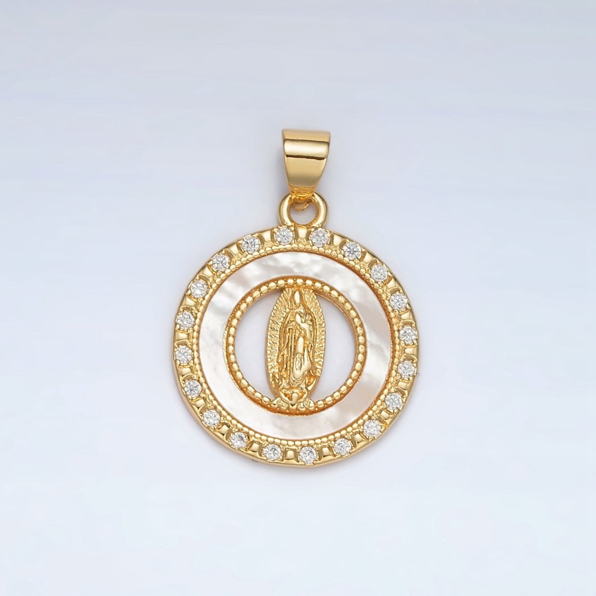 24K Gold Filled Mother Mary Shell Pearl Micro Paved CZ Open Round Pendant | AH186 - DLUXCA