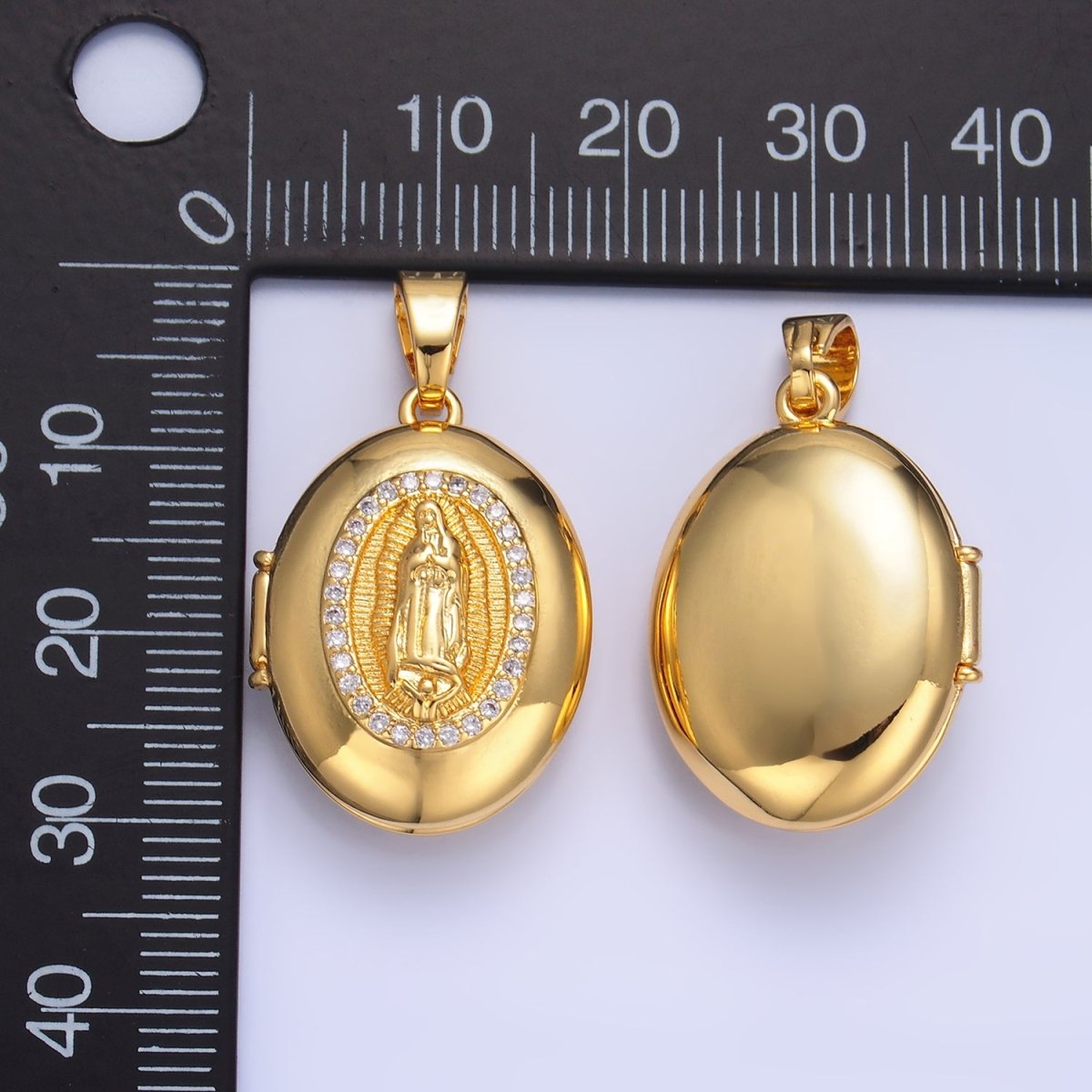 24K Gold Filled Mother Virgin Mary Micro Paved CZ Oval Locket Pendant | AA1086 - DLUXCA