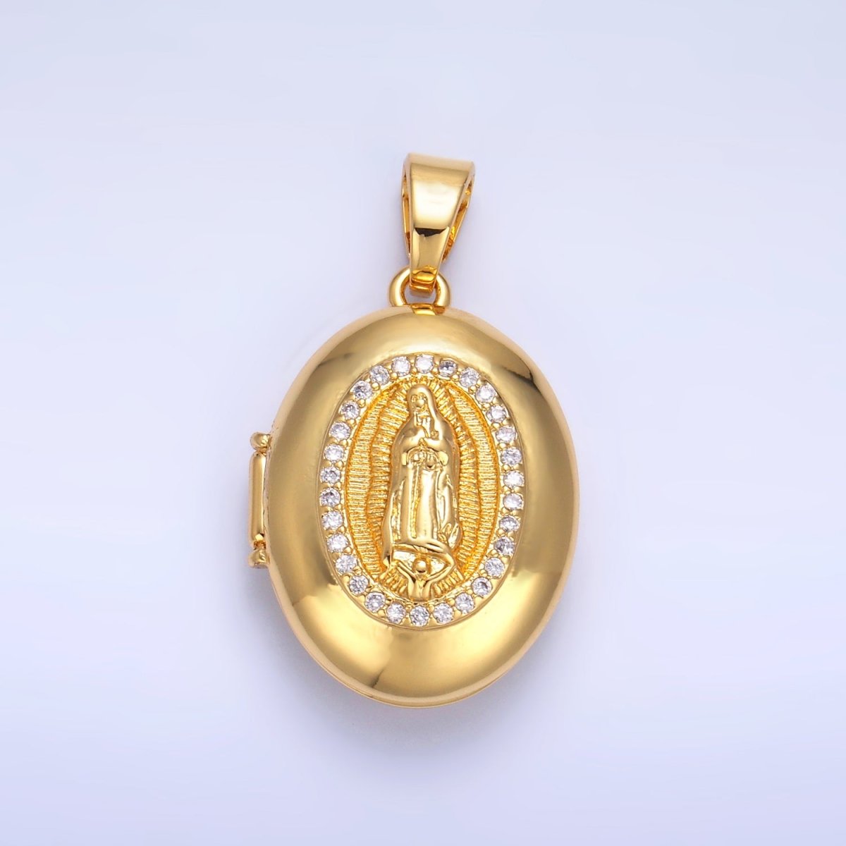 24K Gold Filled Mother Virgin Mary Micro Paved CZ Oval Locket Pendant | AA1086 - DLUXCA