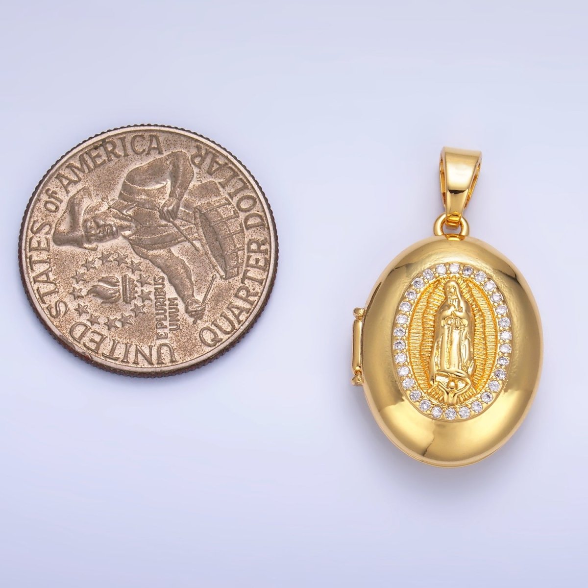 24K Gold Filled Mother Virgin Mary Micro Paved CZ Oval Locket Pendant | AA1086 - DLUXCA