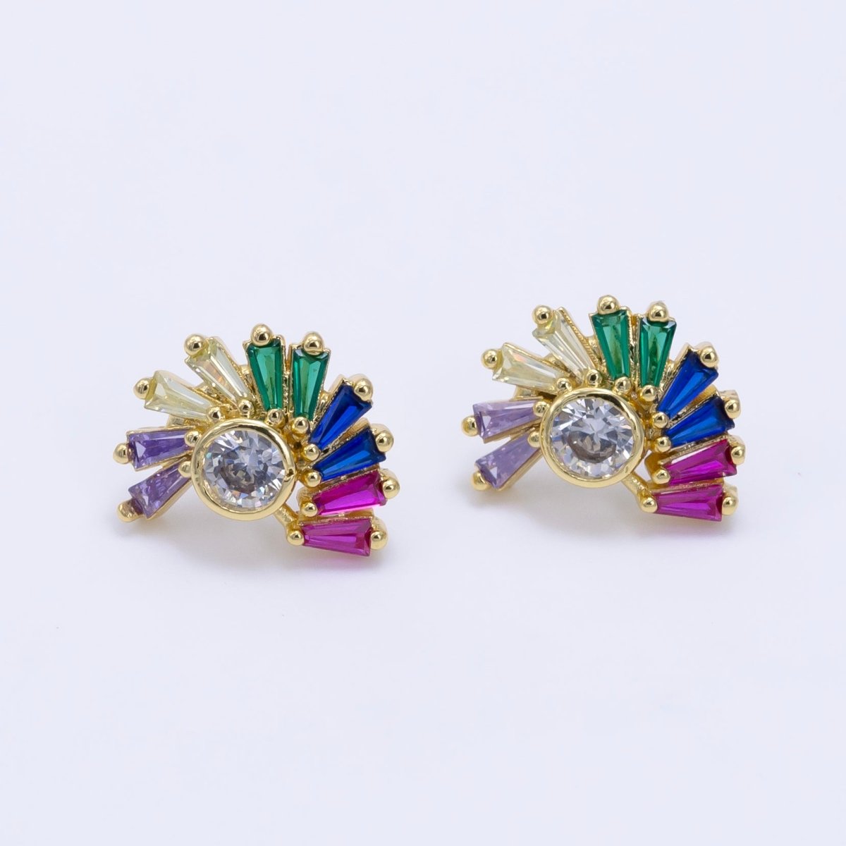 24K Gold Filled Multicolor Baguette CZ Circular Stud Earrings | AD759 - DLUXCA