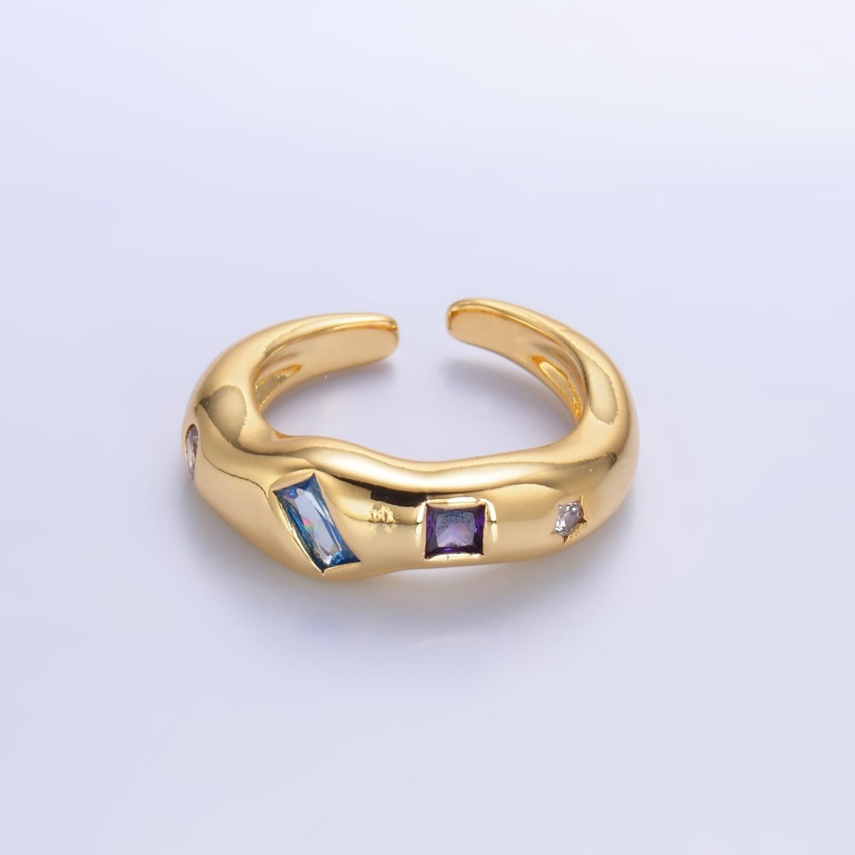 24K Gold Filled Multicolor Baguette CZ Geometric Molten Band Ring in Silver & Gold | O756 O761 - DLUXCA