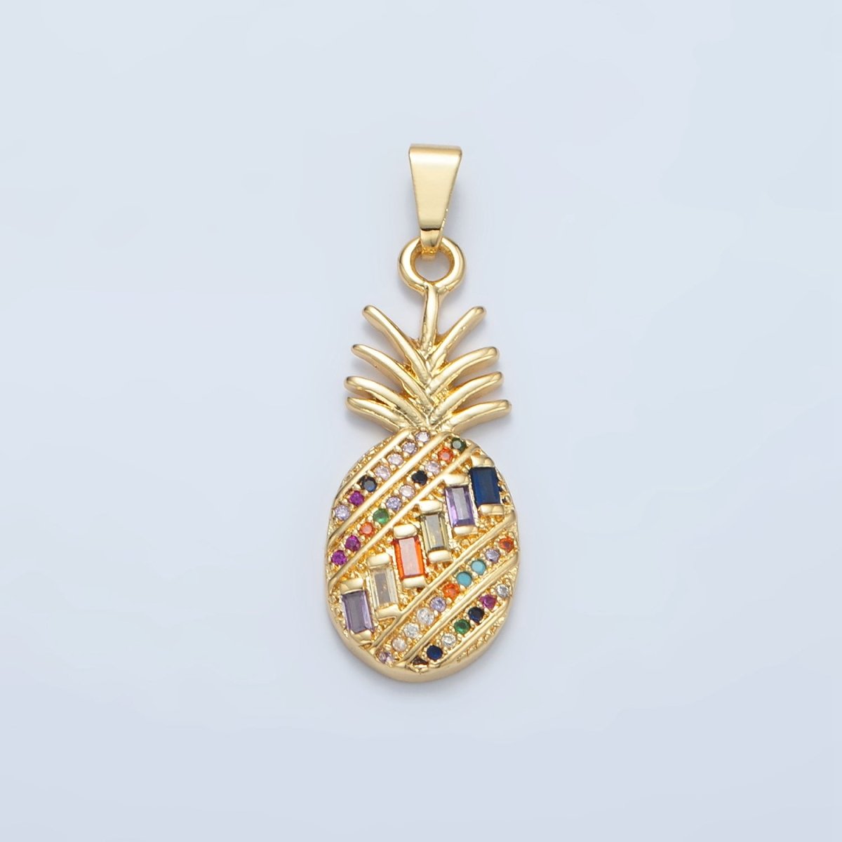 24K Gold Filled Multicolor Baguette Micro Paved CZ Pineapple Fruit Pendant | I754 - DLUXCA