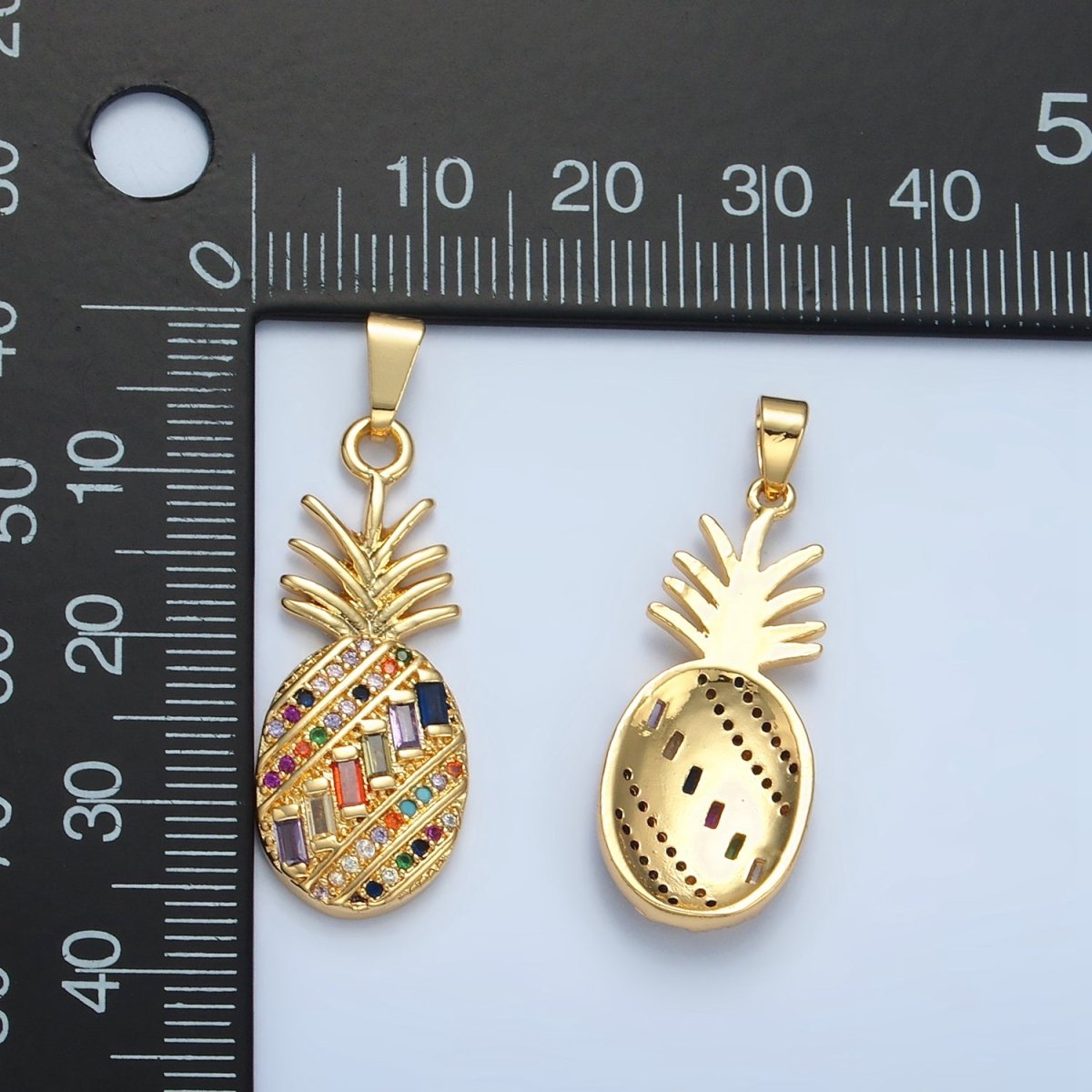 24K Gold Filled Multicolor Baguette Micro Paved CZ Pineapple Fruit Pendant | I754 - DLUXCA