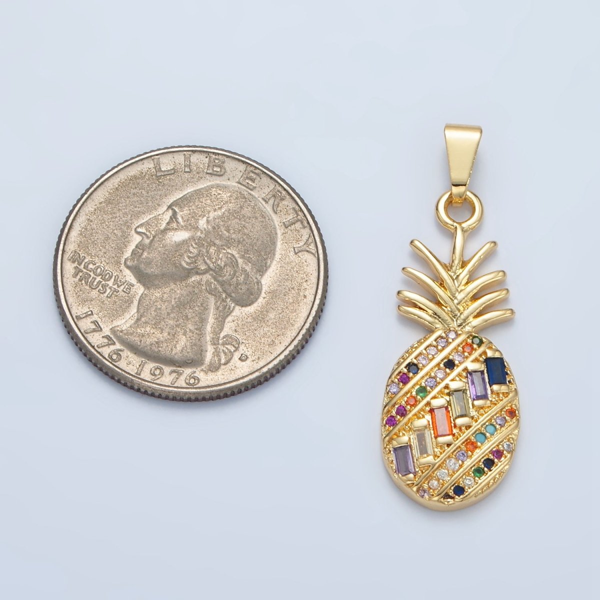 24K Gold Filled Multicolor Baguette Micro Paved CZ Pineapple Fruit Pendant | I754 - DLUXCA