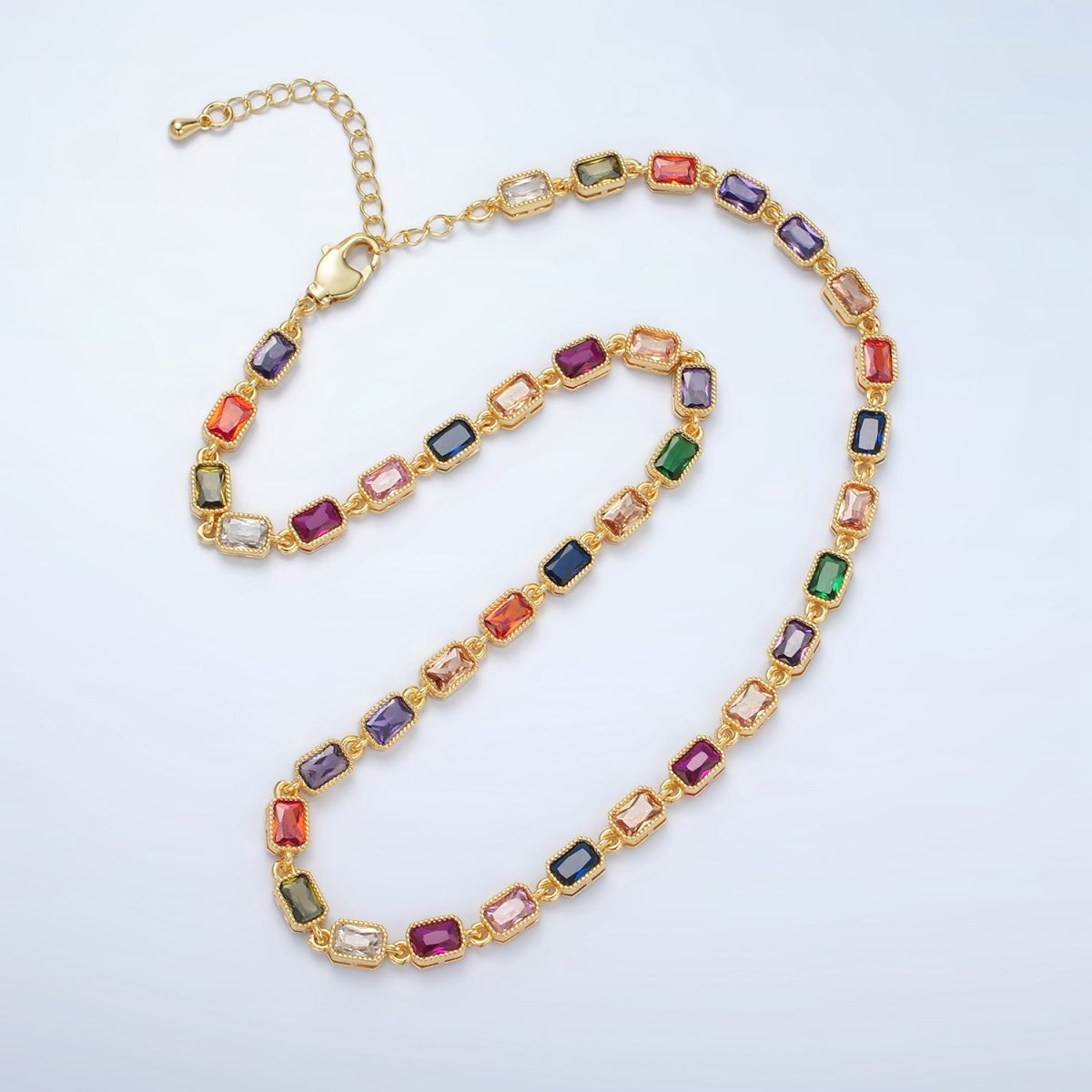 24K Gold Filled Multicolor CZ Baguette 15.5 Inch Necklace | WA - 2556 - DLUXCA