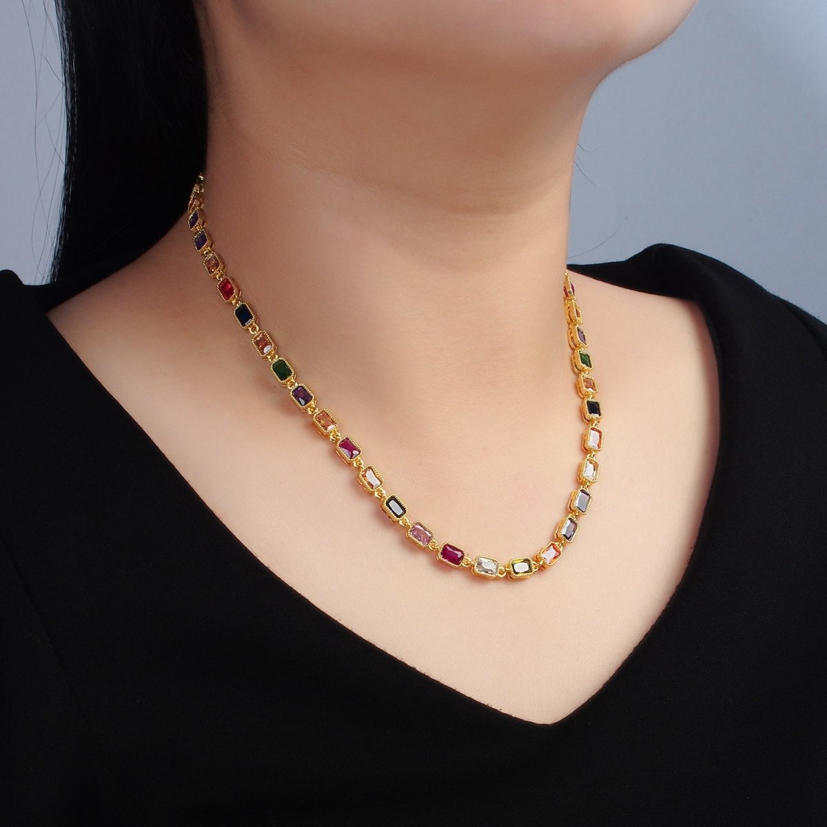 24K Gold Filled Multicolor CZ Baguette 15.5 Inch Necklace | WA - 2556 - DLUXCA