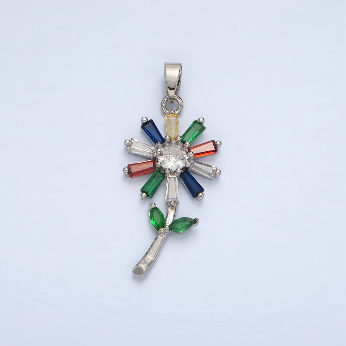 24K Gold Filled Multicolor CZ Baguette Flower Pendant in Gold & Silver | AA1385 - DLUXCA