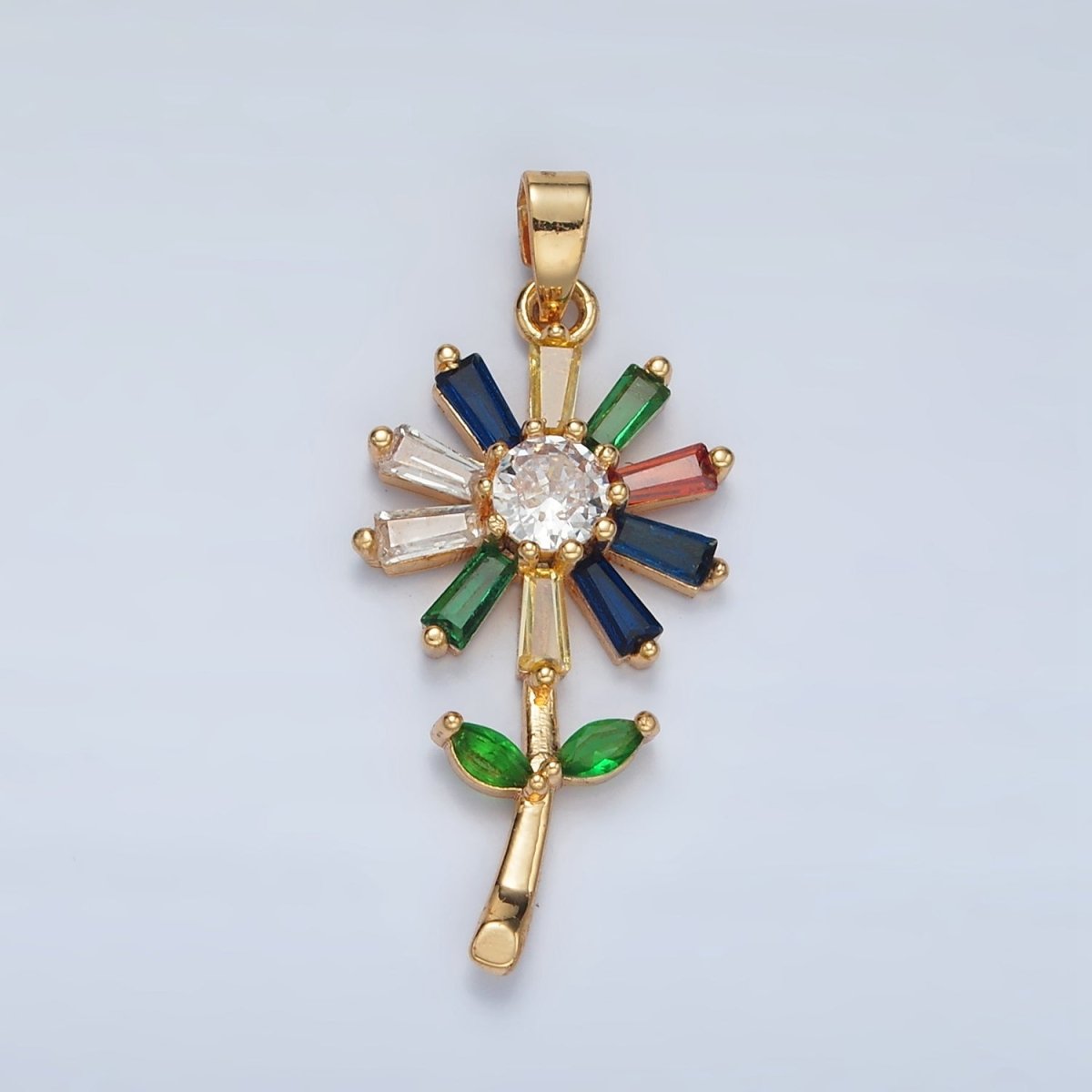 24K Gold Filled Multicolor CZ Baguette Flower Pendant in Gold & Silver | AA1385 - DLUXCA