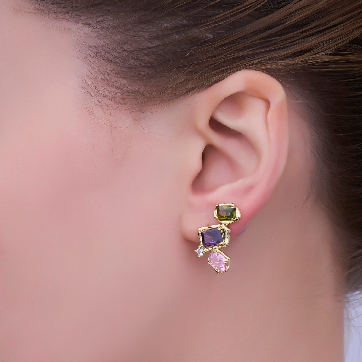 24K Gold Filled Multicolor CZ Baguette Molten CZ Stud Earrings | AI465 - DLUXCA